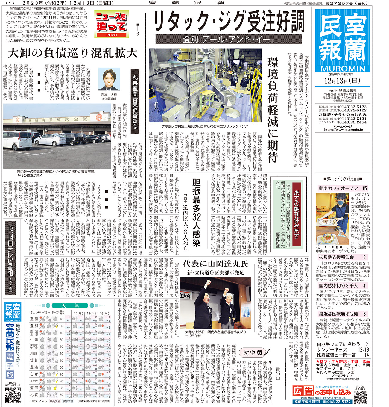 12月13日 日 朝刊1面 室蘭民報社 電子版 12月13日 日 朝刊1面 室蘭民報社 電子版