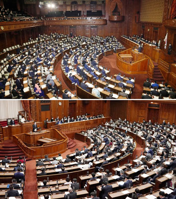 写真：岸田首相が施政方針演説を行った衆院本会議（上）と参院本会議＝１７日午後