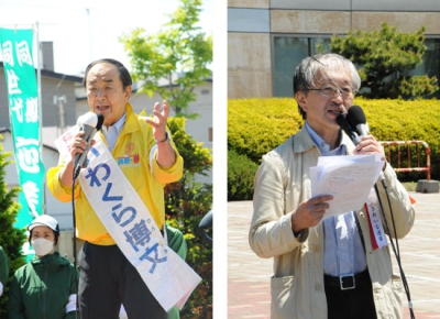 写真：４期１６年取り組んだ行財政改革の成果を訴える岩倉候補（左）、家族の絆を破壊するカジノの誘致反対を強調する西村候補
