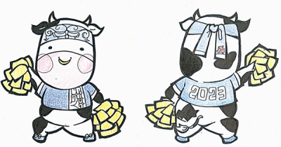 写真：応援キャラクターの「ベコ太郎」（左）、おしり部分に取り入れた北海道の形