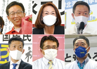 写真：１８日間論戦を繰り広げた道選挙区の主要な顔ぶれ。選挙結果を巡り笑顔と涙が交錯した