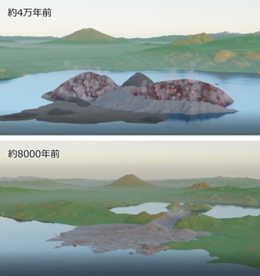 写真：約４万年前の中島誕生の様子（上）、約８千年前に発生した有珠山の山体崩壊