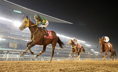 写真：ドバイ・ワールドカップで優勝した川田将雅騎乗のウシュバテソーロ（左）＝メイダン競馬場（共同）