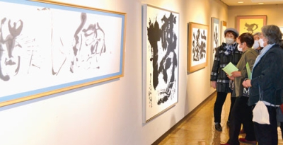 写真：力強い作品が来館者を楽しませている駒澤さんの書展