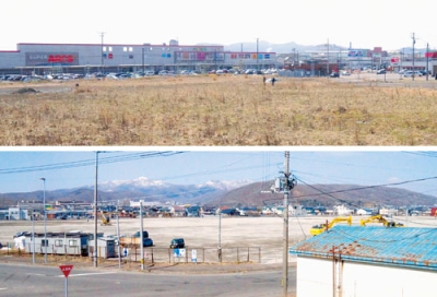 写真：秋に新店舗がオープンする室蘭市中島本町のモルエ中島３期Ｂブロックエリア（上）と、イオン室蘭の出店計画がある日の出町の室蘭市公設地方卸売市場跡地（下）