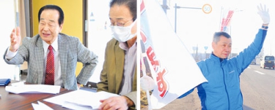 写真：告示日の動きを確認する滝口氏（左端）、告示前日も手振りでスタートした千葉氏