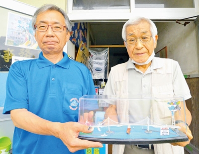 写真：模型を寄贈した佐々木さん（右）と中澤館長