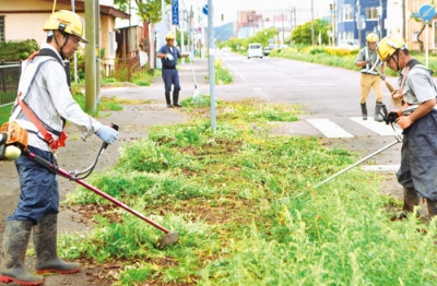 写真：沿道に伸びた草を刈る３社の社員
