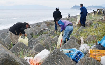 写真：幌別海岸の清掃活動に汗を流す市議ら参加者