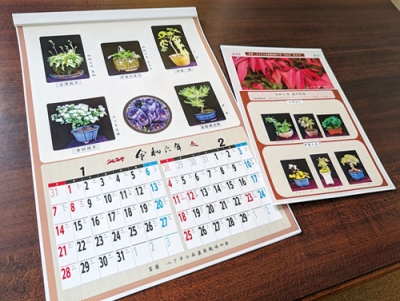 写真：会員たちの小品盆栽を掲載したカレンダーと作品集