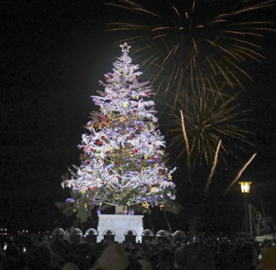 写真：函館市の赤レンガ倉庫前で点灯された巨大クリスマスツリー＝１日夜