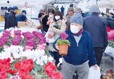 写真：生徒が作った農産物を求める人でにぎわった壮瞥高校リンゴ・鉢花販売会
