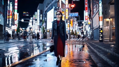 写真：「東京を歩く女性」として作成されたデモ動画の一場面（オープンＡＩ提供・共同）