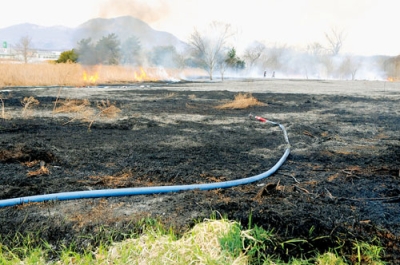 写真：炎が上がり枯草を燃やした野火火災＝１１日２時半ごろ、伊達市舟岡町