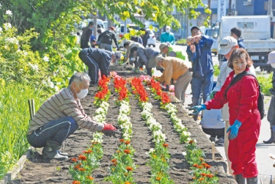 写真：色合い豊かに花を植える参加者たち