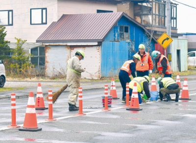 写真：伊達市南黄金町の国道３７号沿いに設置されたラバーポール