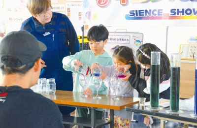 写真：液体の色が変わるマジックに喜ぶ子どもたち