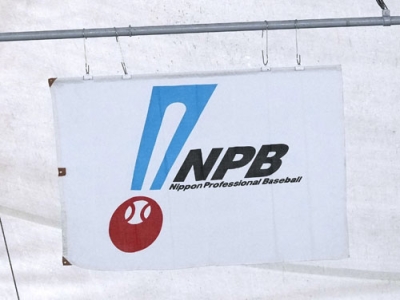 写真：球場に掲げられている日本野球機構（ＮＰＢ）の旗