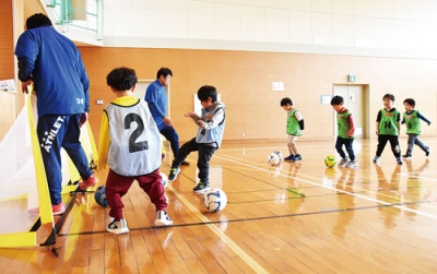 写真：ボールを蹴ってゴールを決めるなど、サッカーを楽しむ園児たち