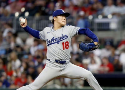 写真：ブレーブス戦に先発し、６回を１安打無失点の好投で４勝目を挙げたドジャース・山本＝アトランタ（共同）