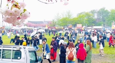 写真：サクラやステージ発表を楽しむ来場者でにぎわったわしべつ川沿い桜まつり