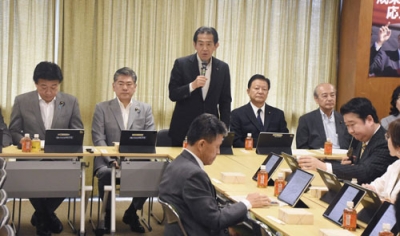 写真：自民党の氏制度の在り方に関する作業チーム会合であいさつする逢沢一郎座長＝２２日午前、東京・永田町の党本部