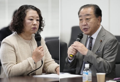 写真：会談する立憲民主党の野田代表（右）と連合の芳野友子会長＝２６日午前、東京・永田町の党本部