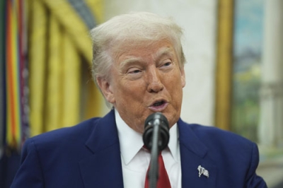 写真：２８日、ホワイトハウスで話すトランプ米大統領（ＡＰ＝共同）