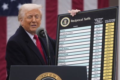 写真：「相互関税」の詳細を発表するトランプ米大統領＝４月、ホワイトハウス（ＡＰ＝共同）