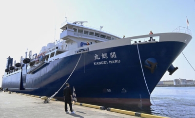 写真：オホーツク海のＥＥＺ内でのナガスクジラ漁を終え、仙台港に入港した「関鯨丸」＝２日午前
