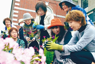 写真：港の文学館で花壇整備に汗を流すボランティア会員