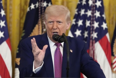 写真：１２日、米ホワイトハウスで話すトランプ大統領（ＡＰ＝共同）