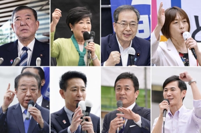 写真：参院選の前哨戦となる東京都議選の告示日を迎えた各党の代表や幹部。（左上から）自民党総裁の石破茂首相、都民ファーストの会特別顧問の小池百合子都知事、公明党の斉藤鉄夫代表、共産党の田村智子委員長、（左下から）立憲民主党の野田佳彦代表、日本維新の会の前原誠司共同代表、国民民主党の玉木雄一郎代表、再生の道の石丸伸二代表＝１３日、東京都内