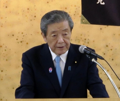 写真：自民党会合であいさつする森山幹事長＝１４日午前、鹿児島市