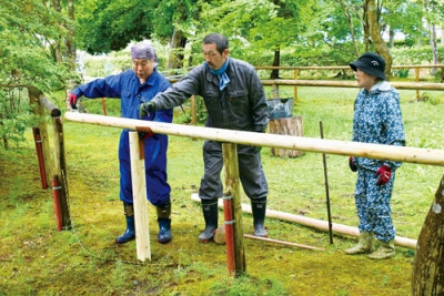 写真：観賞会に向け整備を進める本輪西ホタルの会メンバー