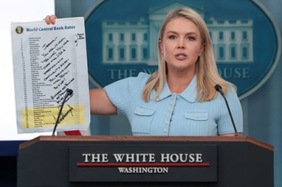 写真：米ホワイトハウスでトランプ大統領がメッセージを書き込んだ各国の金利一覧表を掲げるレビット報道官＝６月３０日、ワシントン（ロイター＝共同）