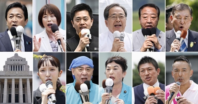 写真：参院選が公示され、第一声を上げる（上右から）自民党総裁の石破首相、立憲民主党の野田代表、公明党の斉藤代表、日本維新の会の吉村代表、共産党の田村委員長、国民民主党の玉木代表、（下右から）れいわ新選組の山本代表、参政党の神谷代表、社民党の福島党首、日本保守党の百田代表、みんなでつくる党の大津党首＝３日午前