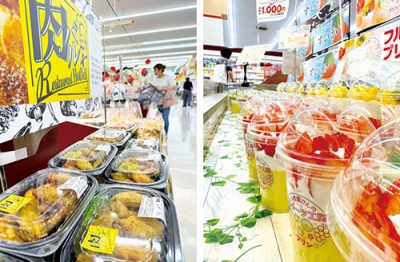 写真：店内調理の品が並ぶ「肉バルレストラン」（写真左）、旬のフルーツが添えられているプリン
