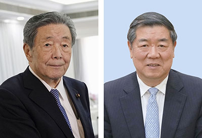 写真：自民党の森山裕幹事長（左）、中国の何立峰副首相