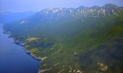 写真：知床半島西部の斜里町。中央左の知床五湖に近い地域では森の再生事業が今も続く＝６月（共同通信社機から）