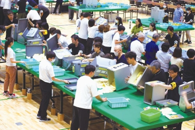 写真：投票の締め切り後、栗林商会アリーナで行われた開票作業＝２０日午後９時