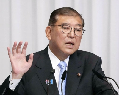 写真：参院選の結果を受け、記者会見する自民党総裁の石破首相＝２１日午後、東京・永田町の党本部