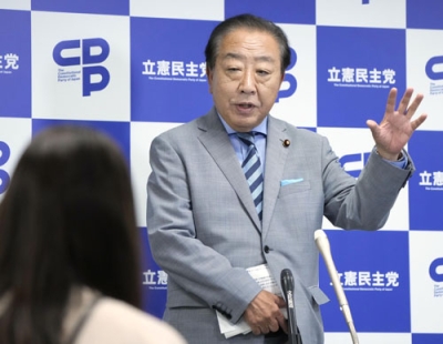 写真：記者団の取材に応じる立憲民主党の野田代表＝２１日午後、東京・永田町の党本部