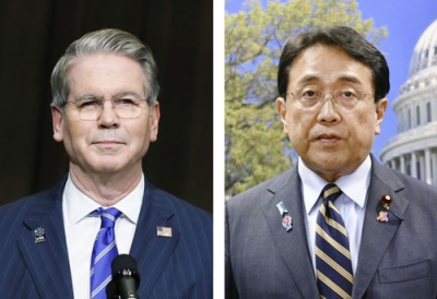写真：ベセント米財務長官（左）、赤沢亮正経済再生相