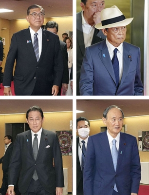 写真：（左上から時計回りに）会談に向かう石破首相、自民党の麻生最高顧問、菅副総裁、岸田前首相＝２３日午後、東京・永田町の党本部