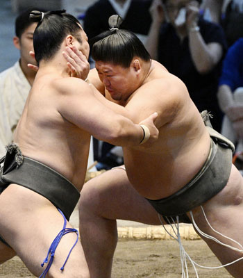 写真：大相撲名古屋場所で石崎（左）を攻める西ノ龍＝７月、ＩＧアリーナ