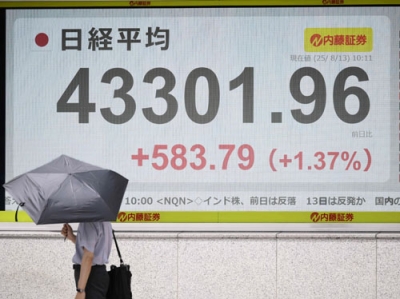 写真：取引時間中として初めて４万３０００円台を付けた日経平均株価を示すボード＝１３日午前、東京都中央区