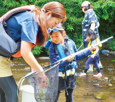 写真：網で魚を捕まえるなど、川遊びを楽しむ子どもたち