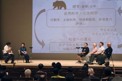 写真：ヒグマの理解深めるシンポジウムでディスカッションする専門家ら＝２４日午後、札幌市中央区