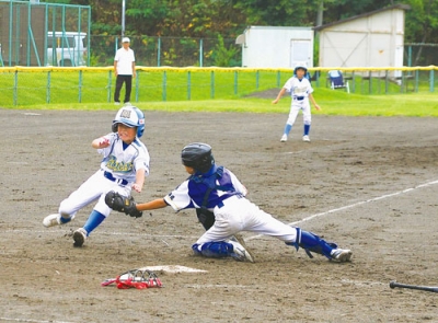 写真：本塁を狙う走者をタッチアウトで阻止する捕手